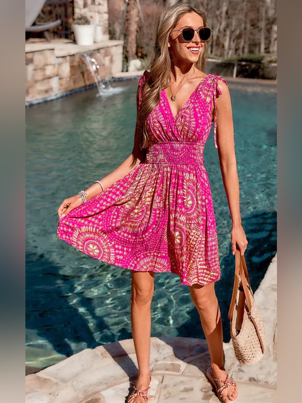 Cupshe Fuchsia Printed Tie-Shoulder V-Neck Midi Dress 🏝️☀️ - Picture 4 of 9